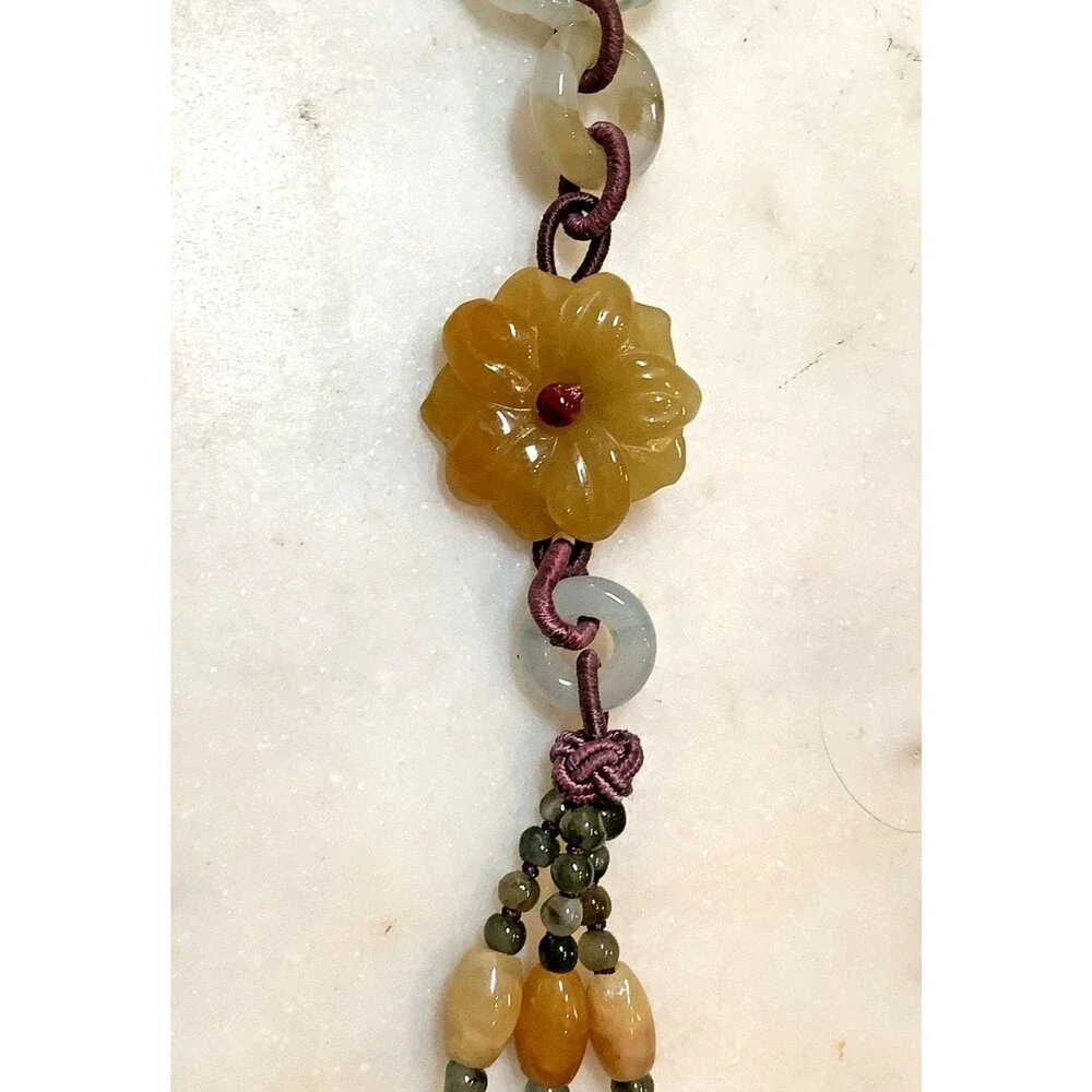 Vintage Jadeite Carved Necklace Y-Drop Pendant Silk Cord Asian Bead Lariat